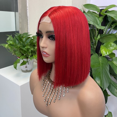 2x6 Red Colored Straight BOB Lace Closure Virgin Human Hair Wig | Human Hair Wig | Lace Front